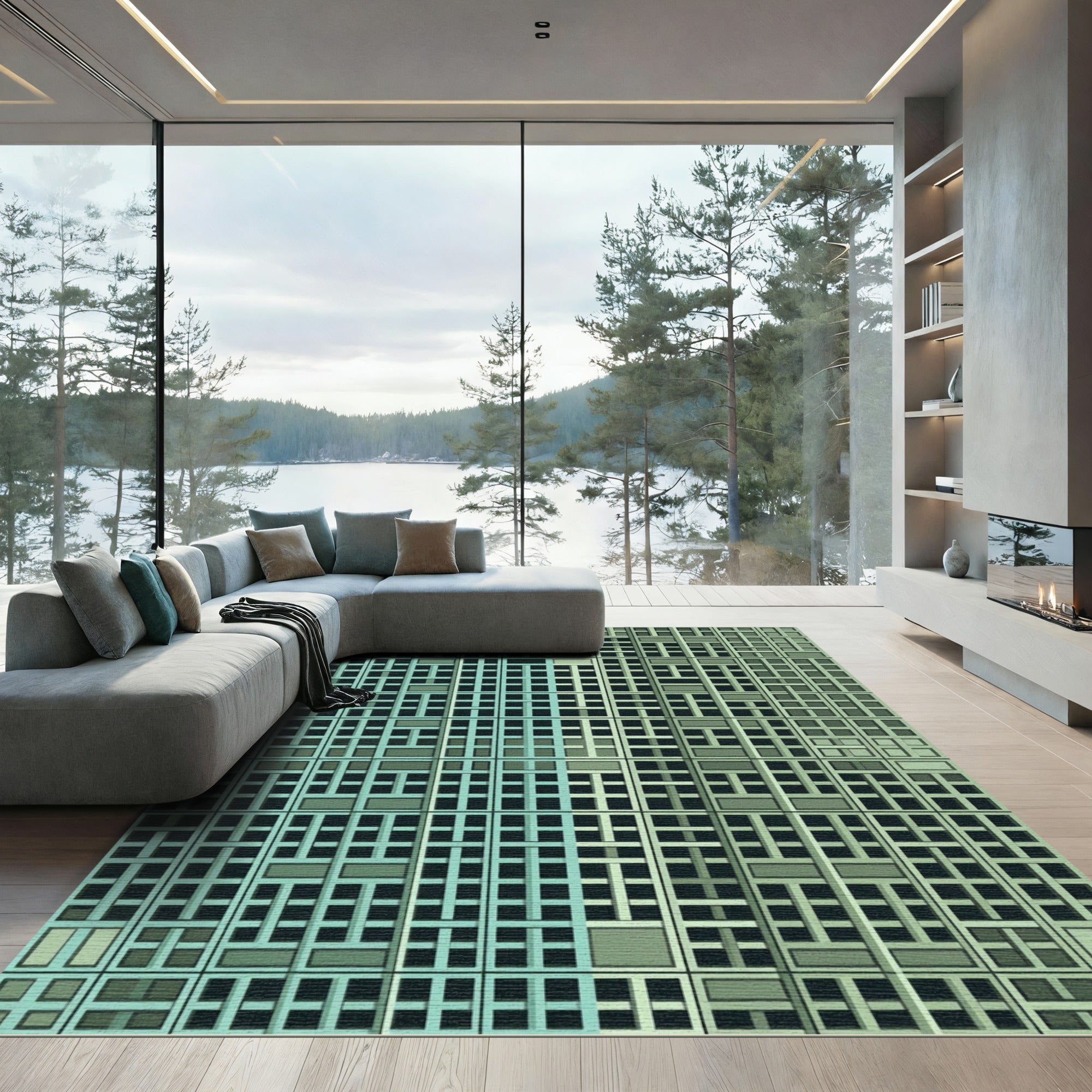 Aqua Geometric Architectural Grid Rug