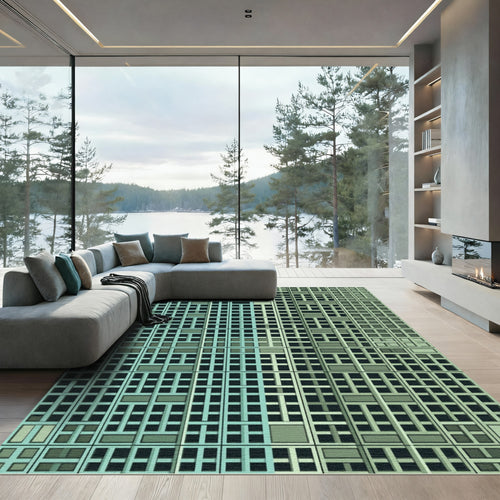 Aqua Geometric Architectural Grid Rug