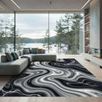 Dramatic Black White Swirl Marble Rug
