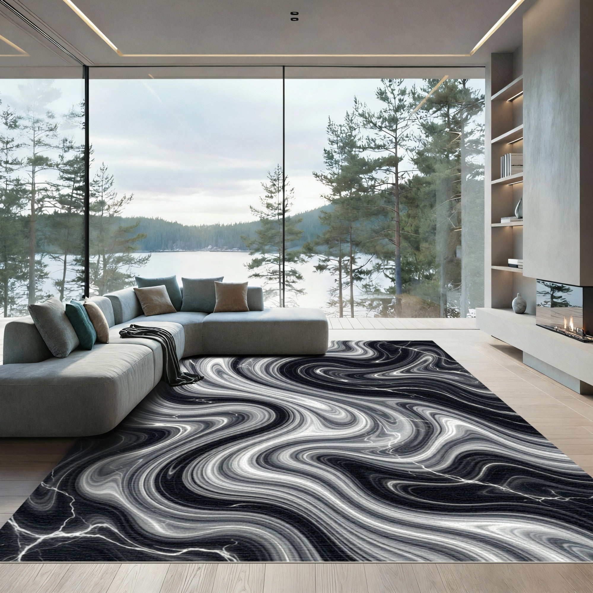 Dramatic Black White Swirl Marble Rug