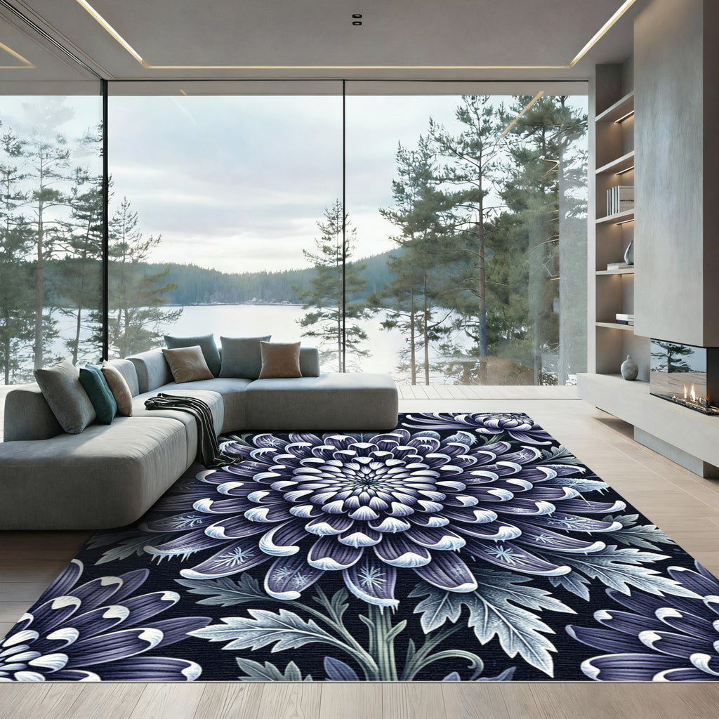 Frosty Indigo Floral Mandala Rug