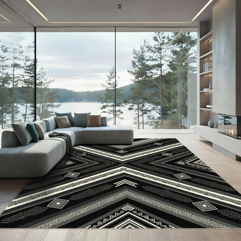 Black White Geometric Chevron Accents Rug