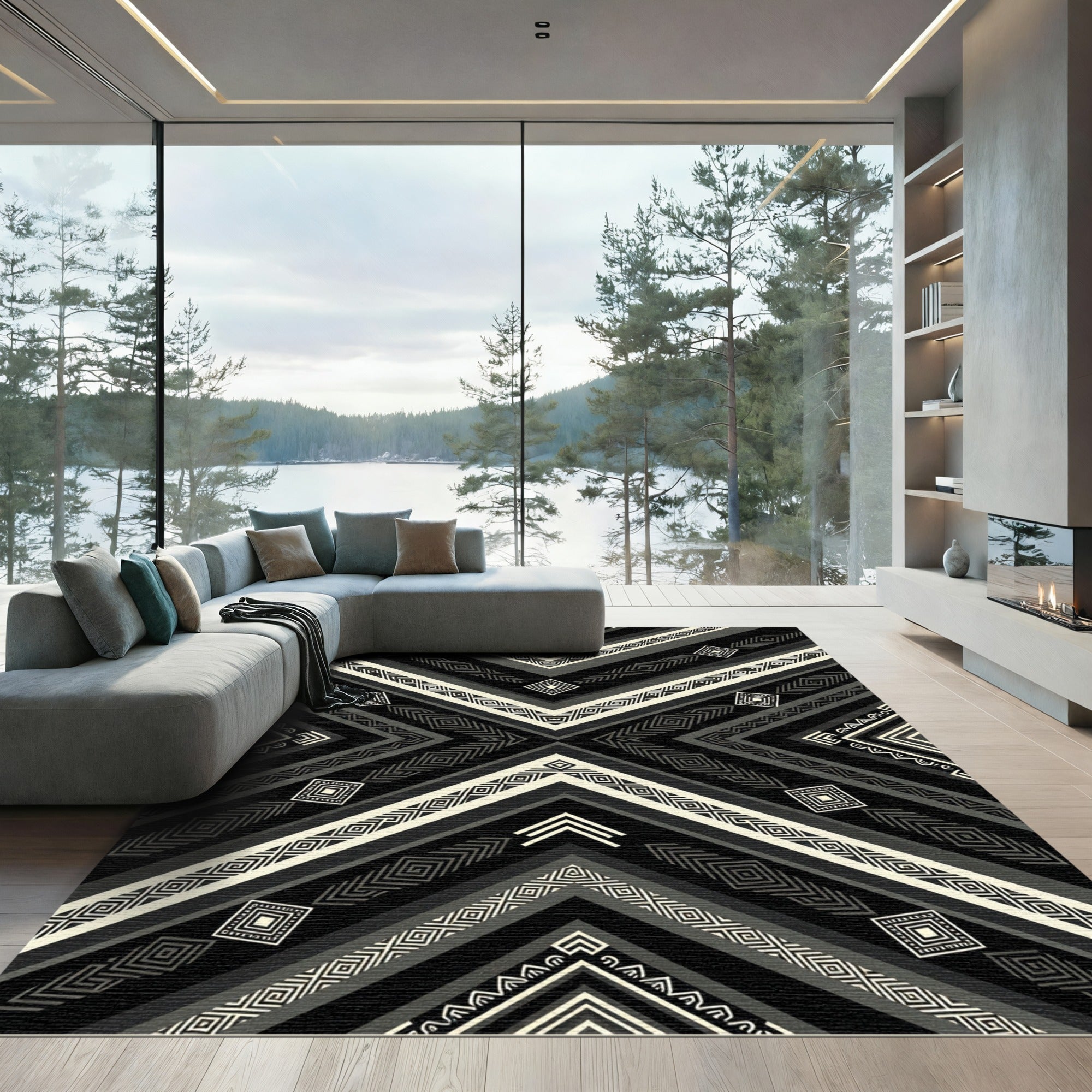 Black White Geometric Chevron Accents Rug