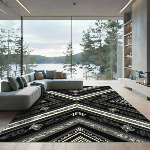 Black White Geometric Chevron Accents Rug