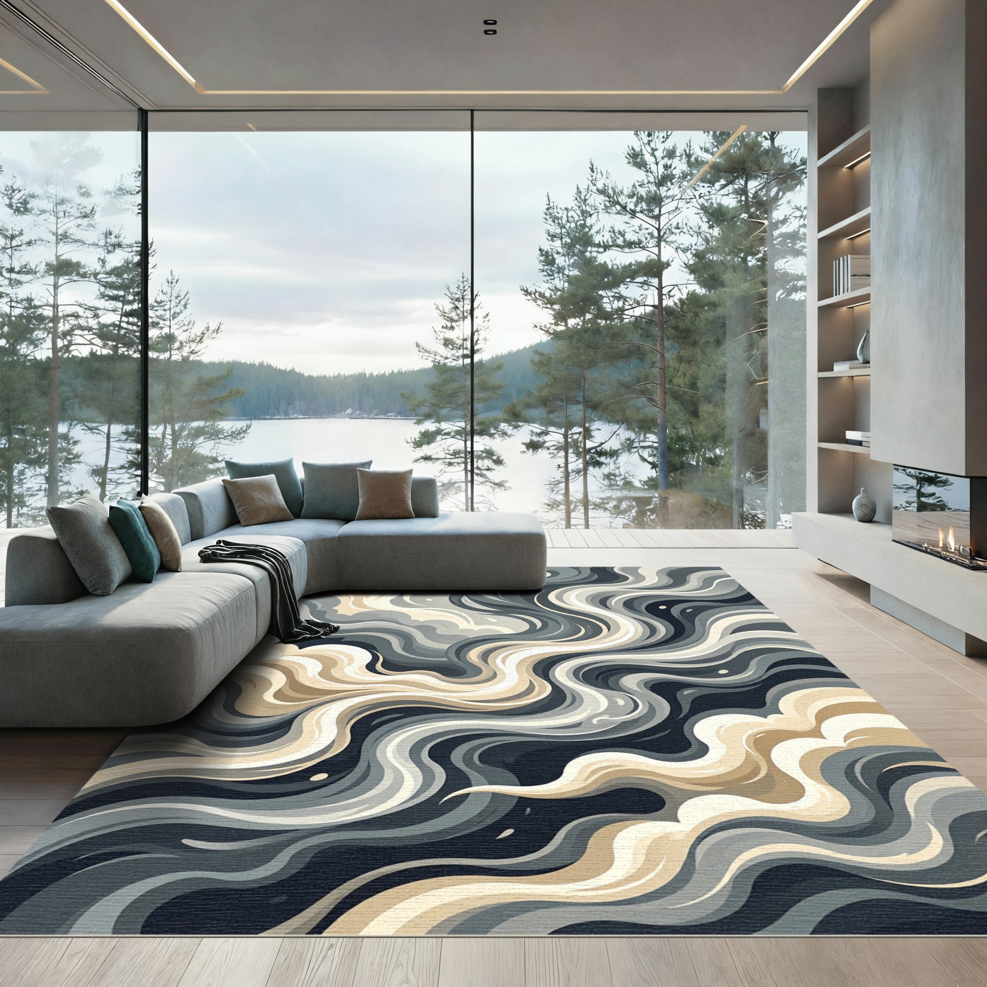 Modern Abstract Gray and Beige Swirl Rug