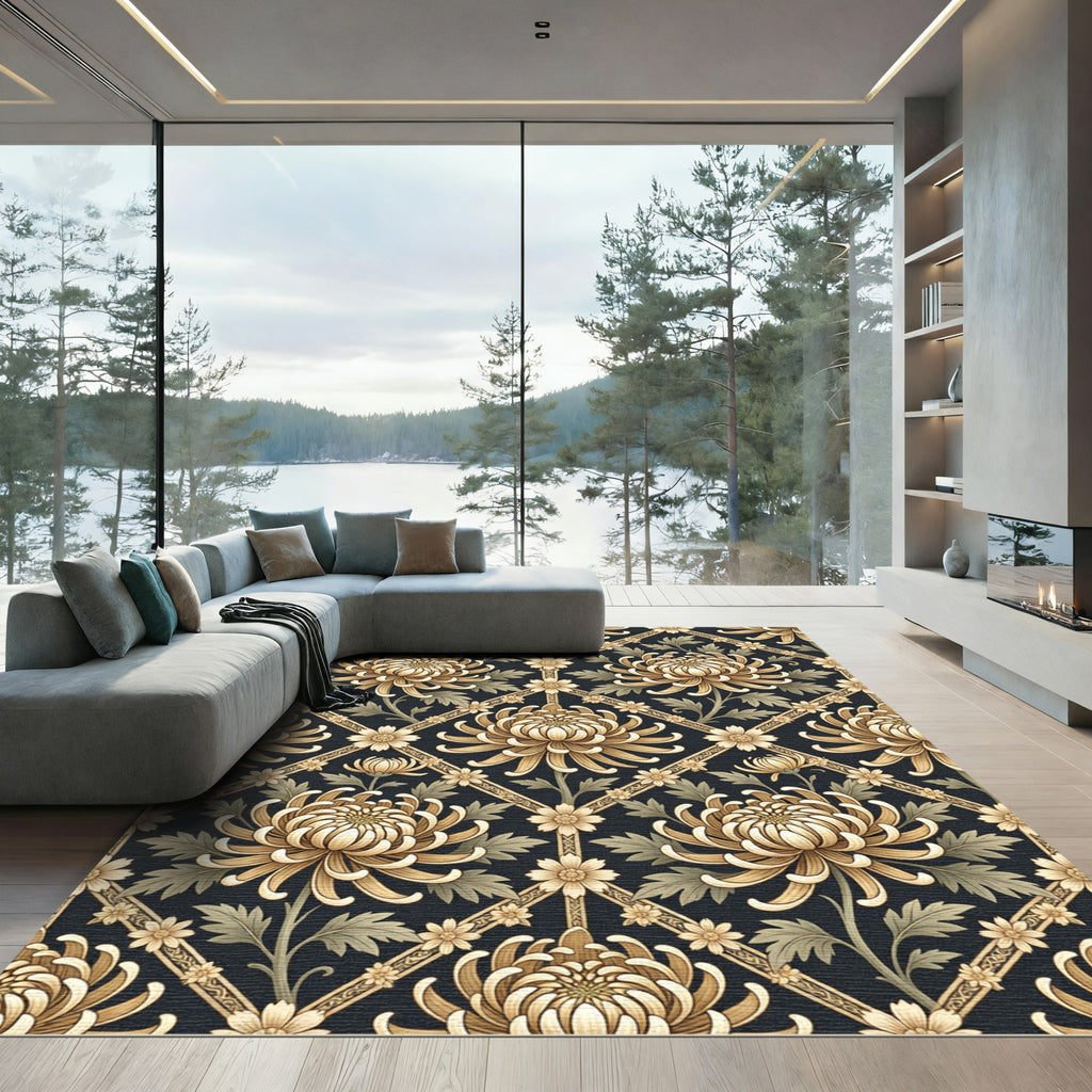 Golden Chrysanthemum Floral Lattice Rug