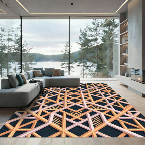 Art Deco Geometric Gold Charcoal Lattice Rug