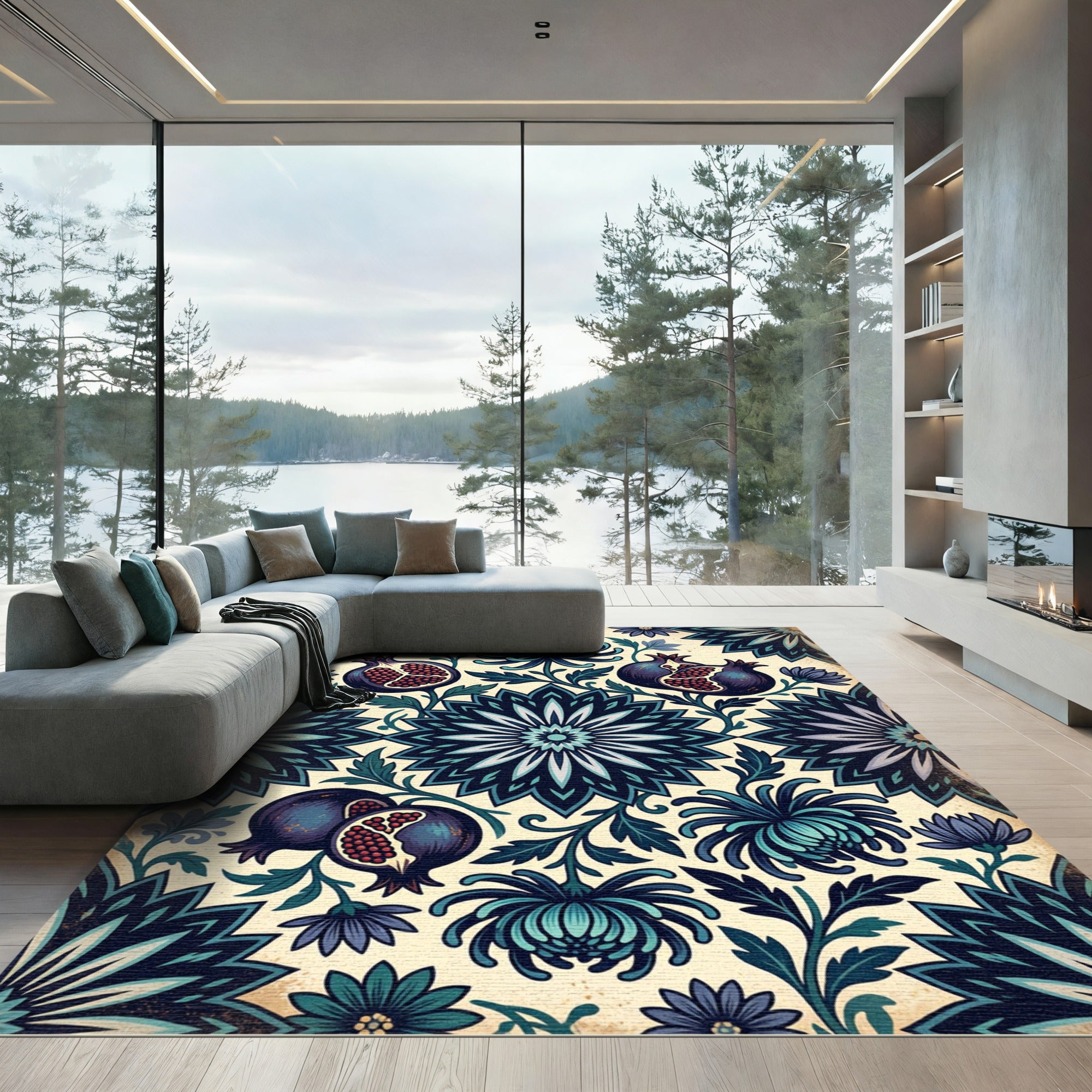 Midnight Floral Pomegranate Botanical Tapestry Rug