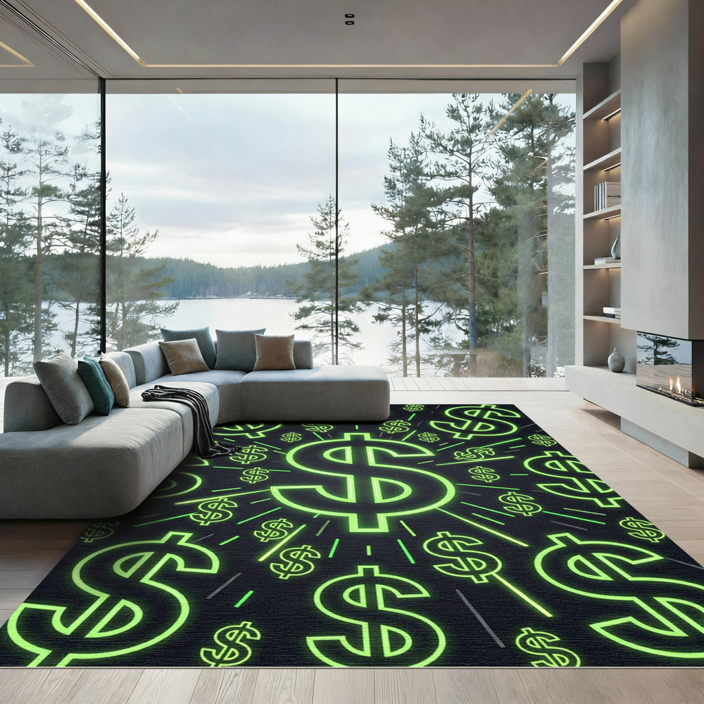 Neon Green Dollar Sign Radiant Backdrop Rug