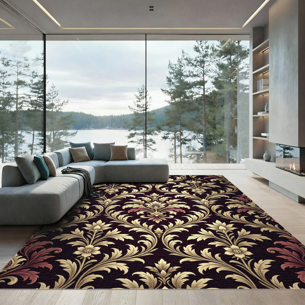 Golden Damask Floral Scroll Noir Rug