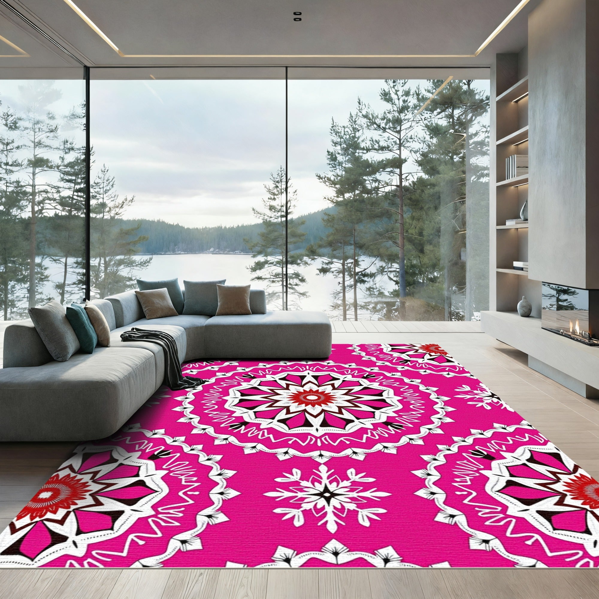 Vibrant Pink Floral Mandala Medallions Rug