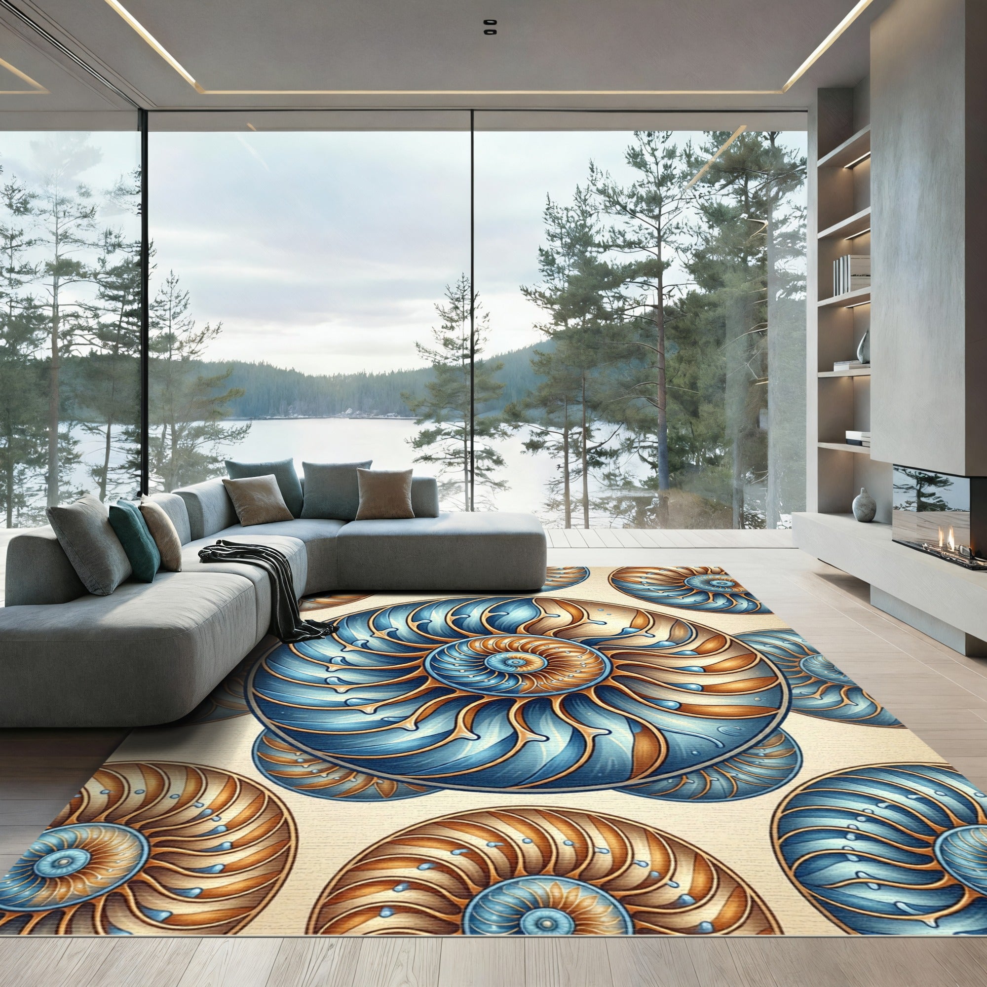 Celestial Golden Blue Nautilus Spiral Rug