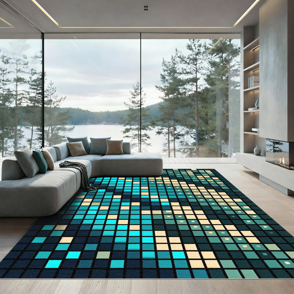 Aqua Emerald Square Mosaic Rug