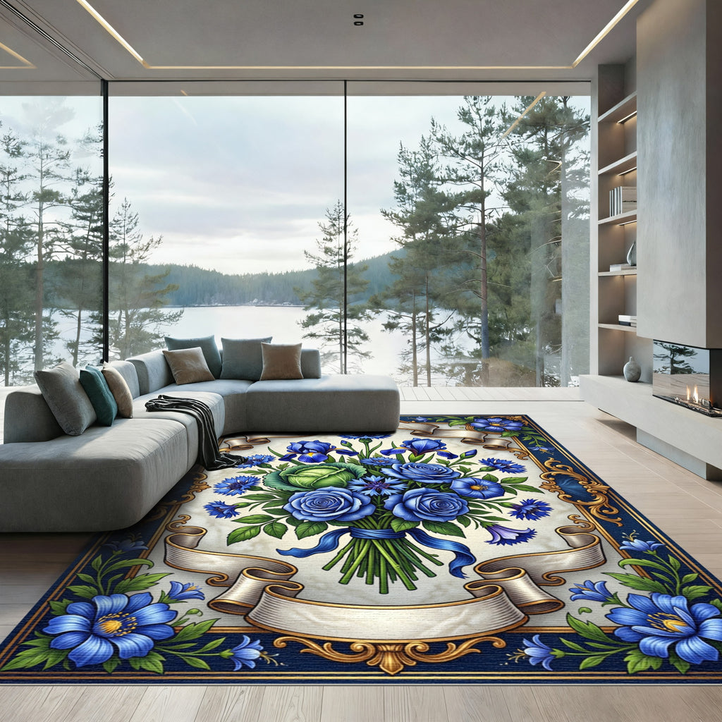 Regal Blue Floral Arrangement Ribbon Border Rug