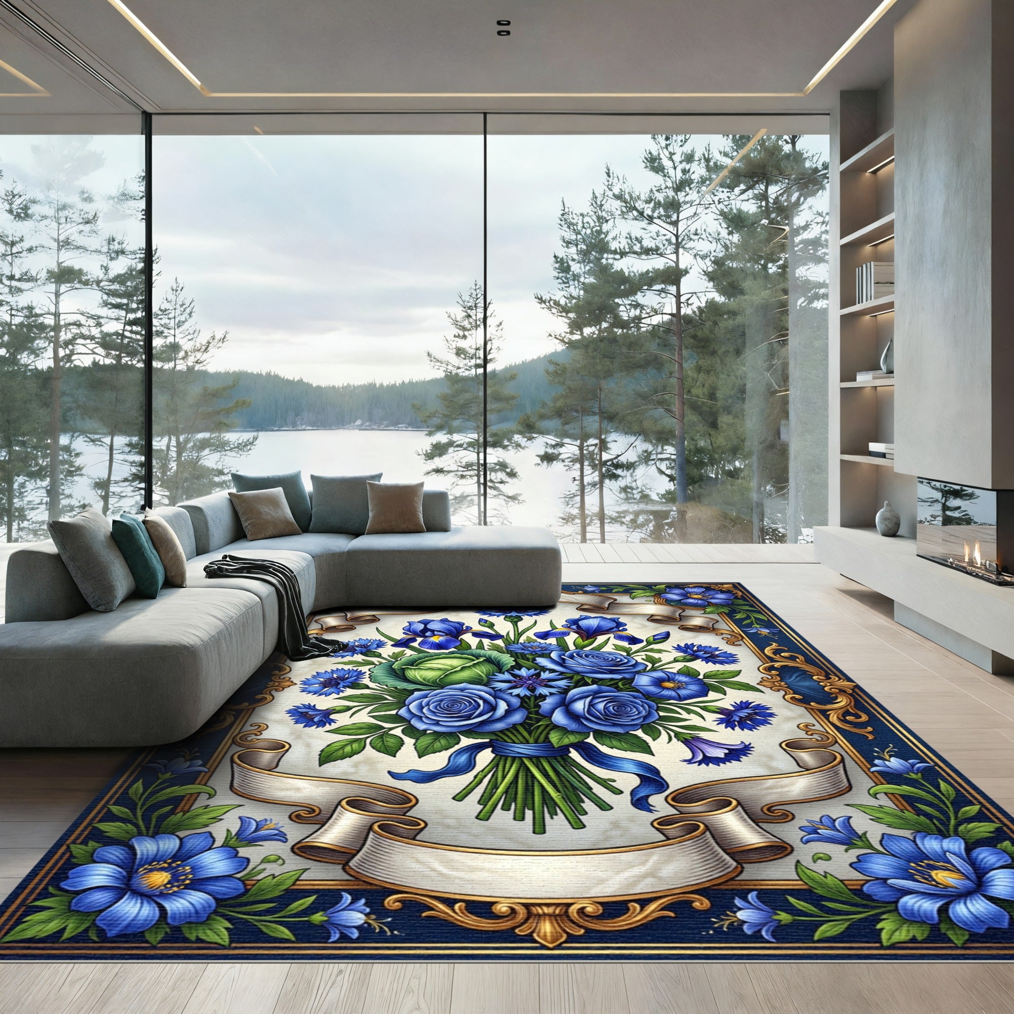 Regal Blue Floral Arrangement Ribbon Border Rug