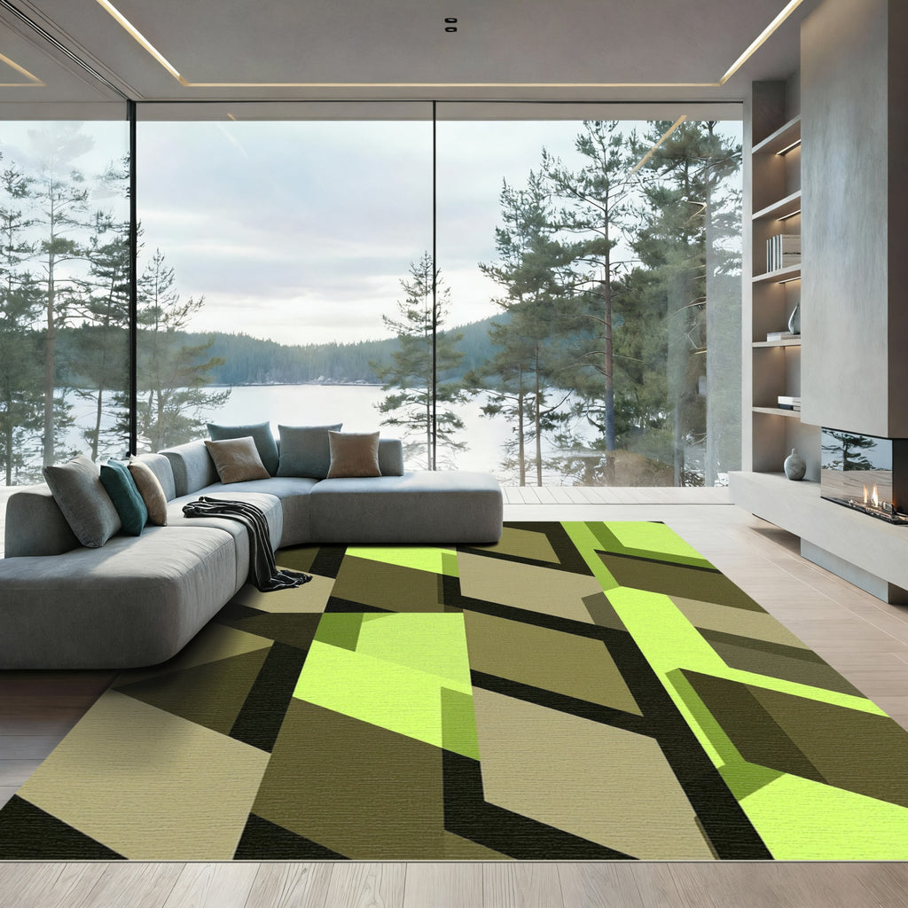 Modern Lime and Olive Geometric Cubes Rug
