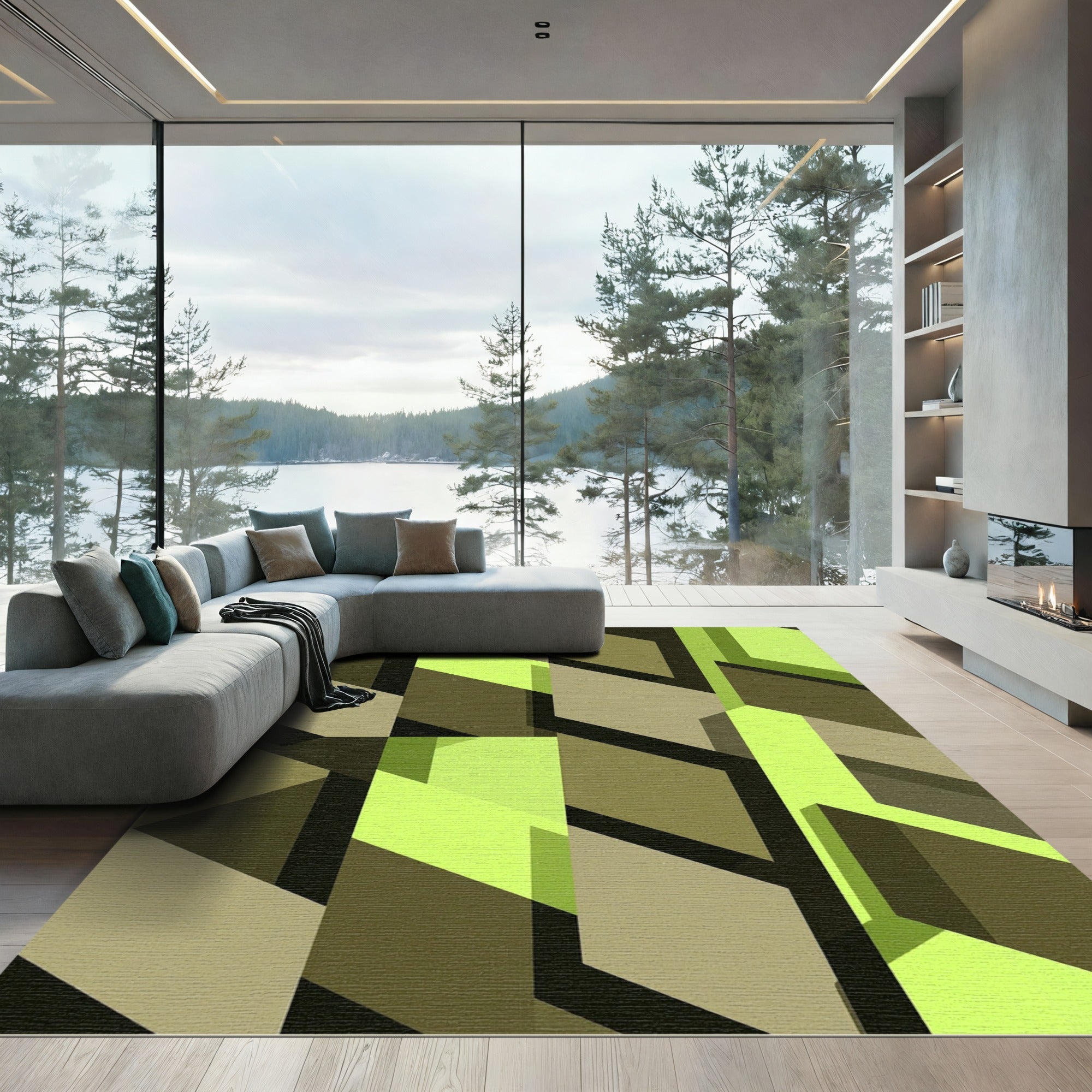 Modern Lime and Olive Geometric Cubes Rug