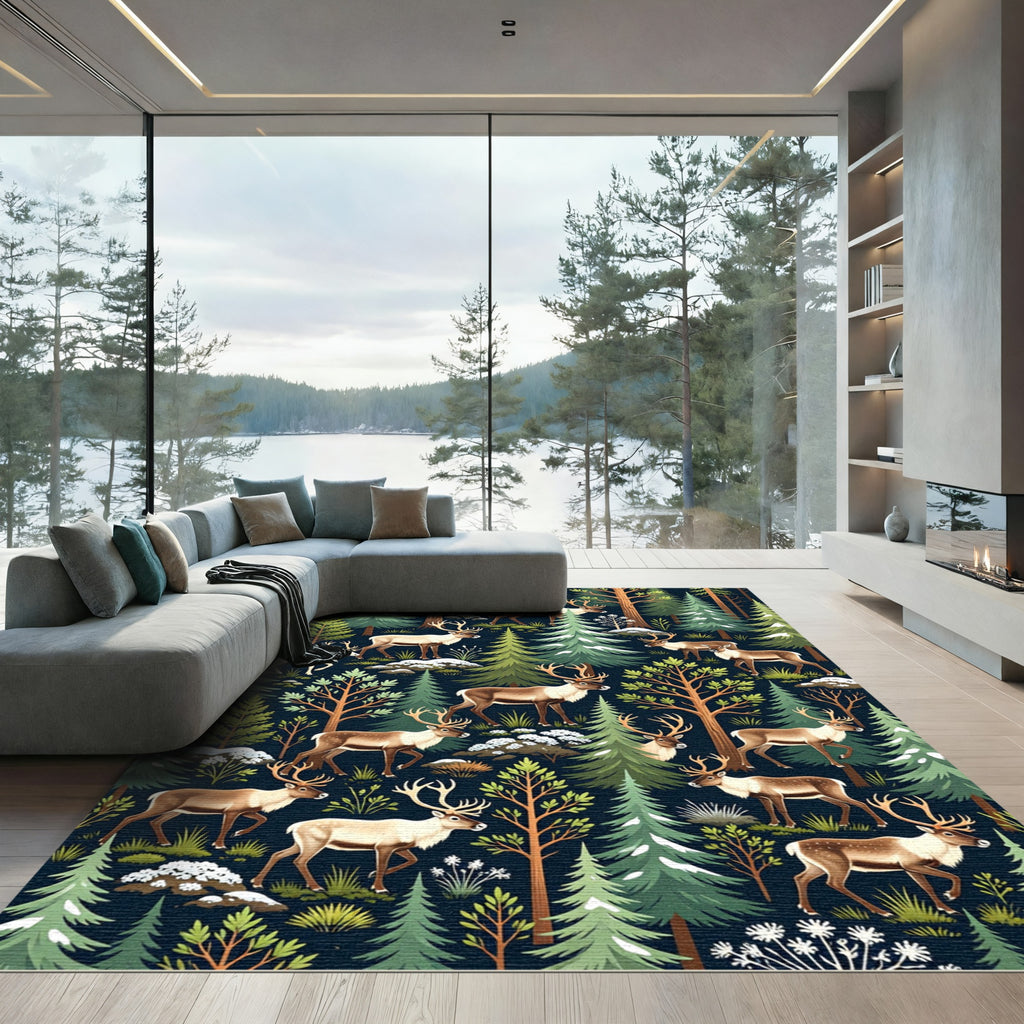 Enchanted Winter Forest Reindeer Woodland Rug