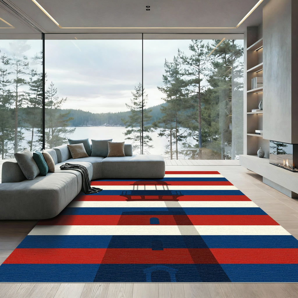 Lighthouse Silhouette Red White Blue Striped Rug