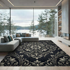 Elegant Charcoal Cream Floral Medallion Rug