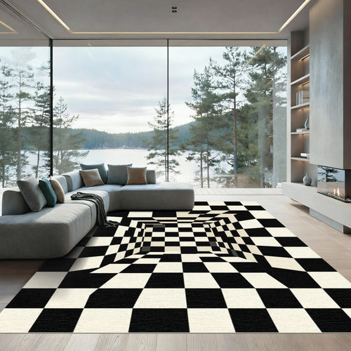 Black White Optical Illusion Checkerboard Room Rug