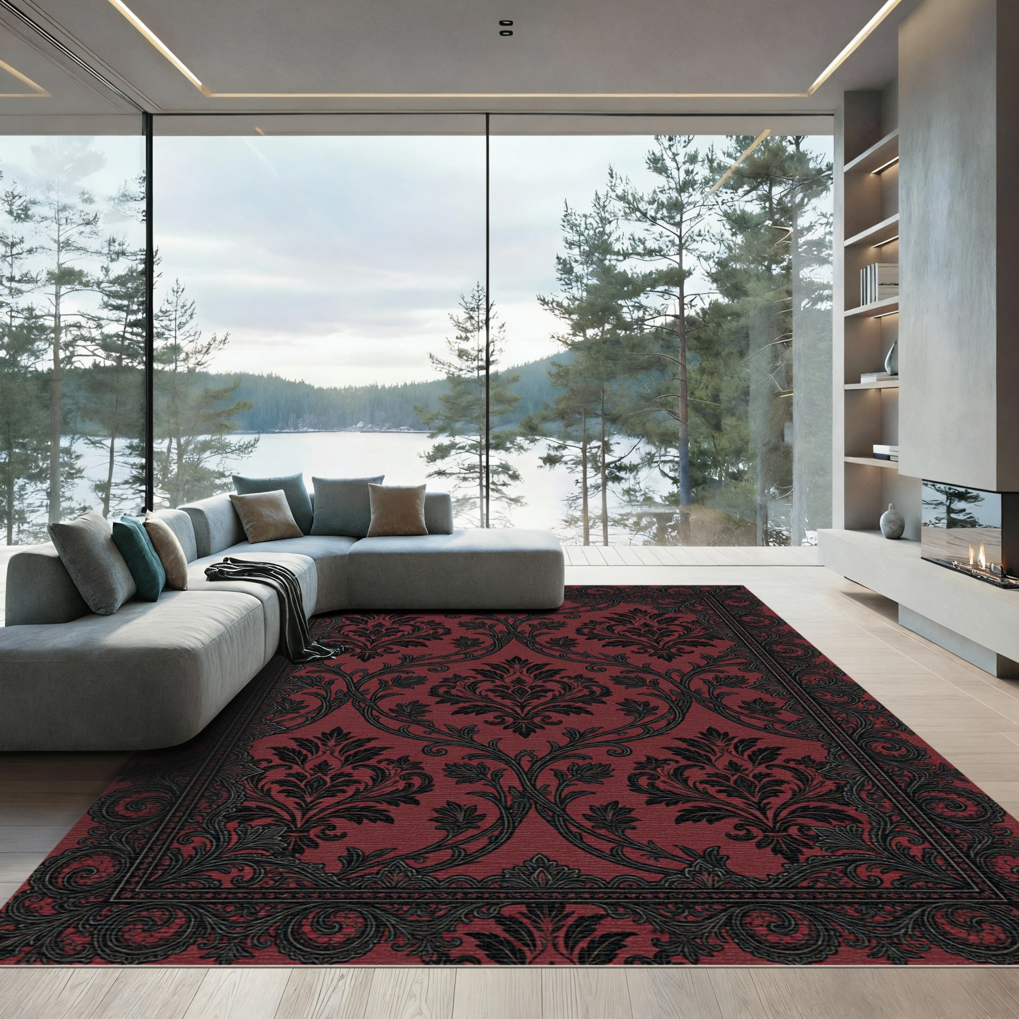 Gothic Crimson Black Ornate Damask Rug
