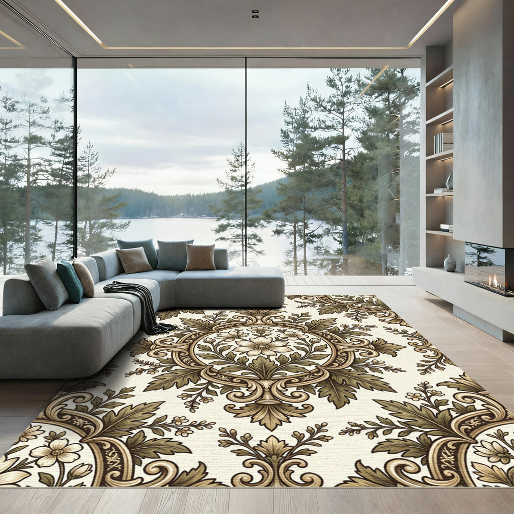 Antique Beige Floral Damask Medallion Rug