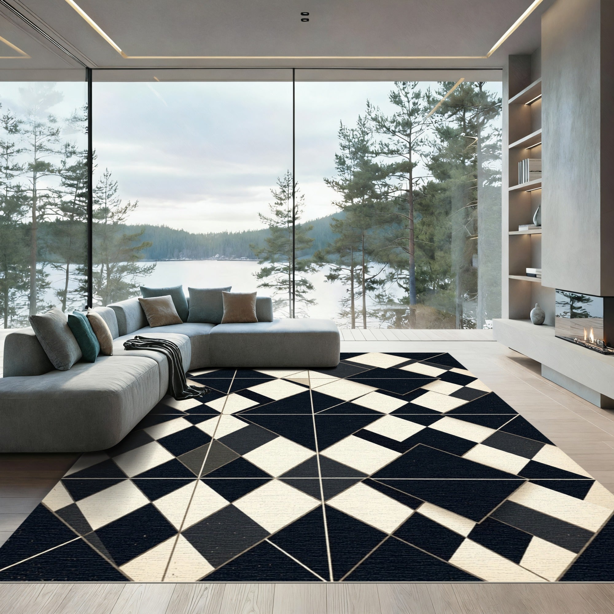 Monochromatic Geometric Diamond Collage Rug