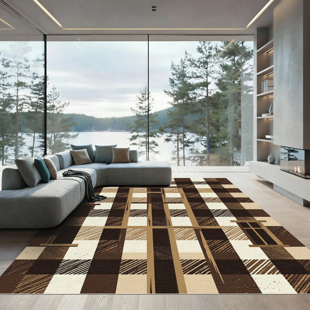 Brown Tan Plaid Window Composition Rug