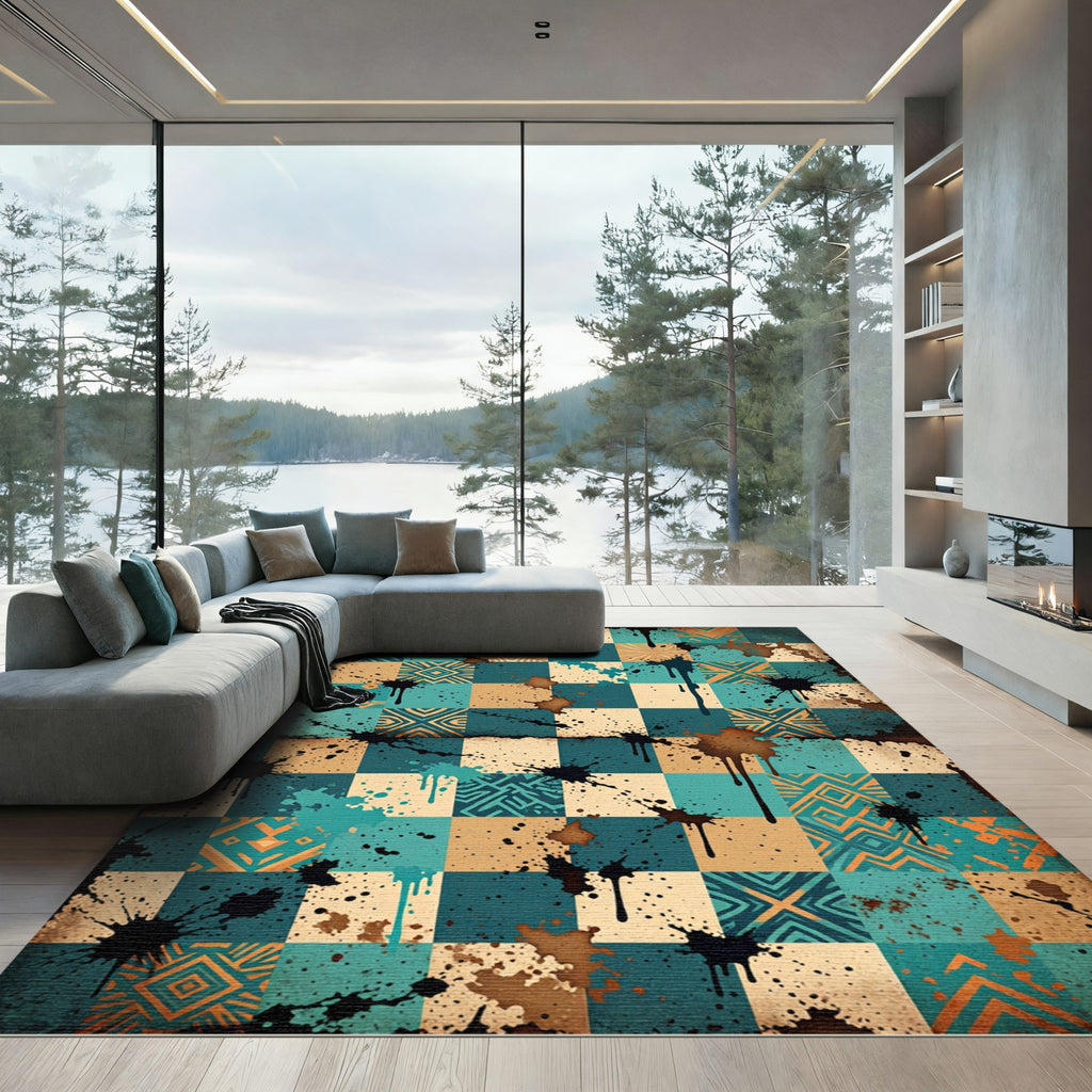 Ink Splattered Teal Geometric Mosaic Rug