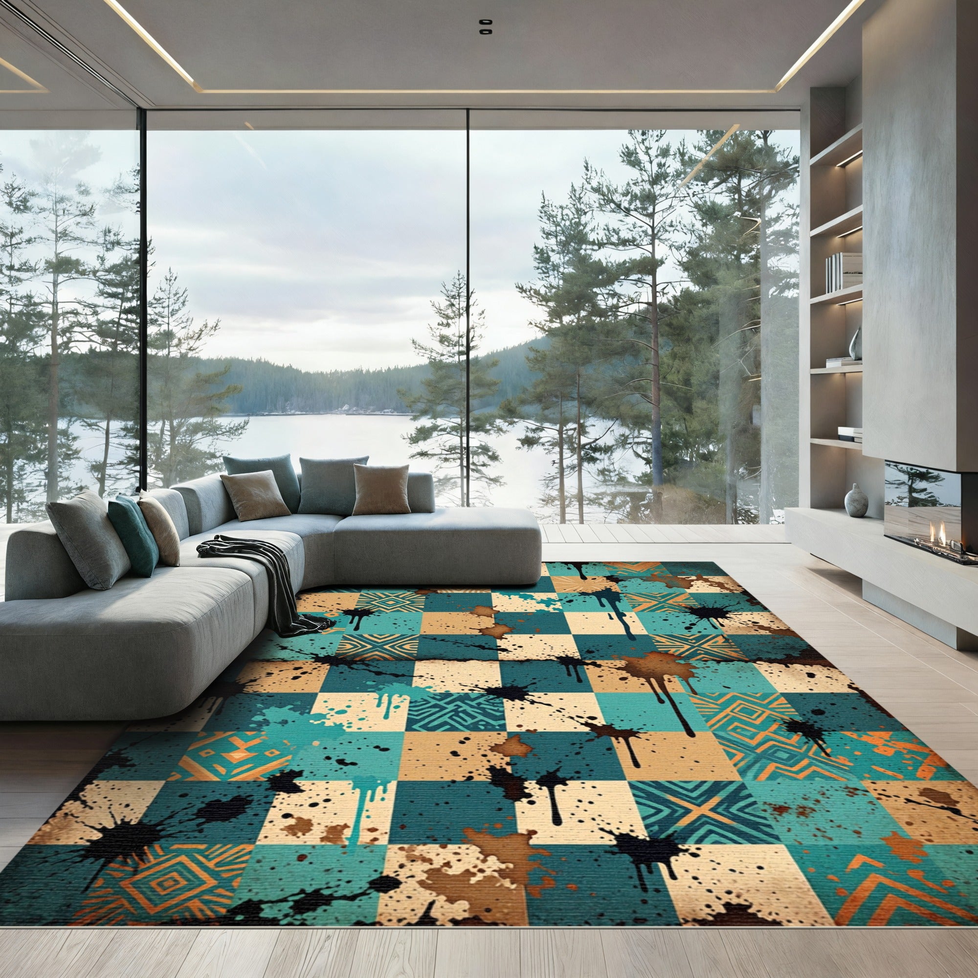 Ink Splattered Teal Geometric Mosaic Rug