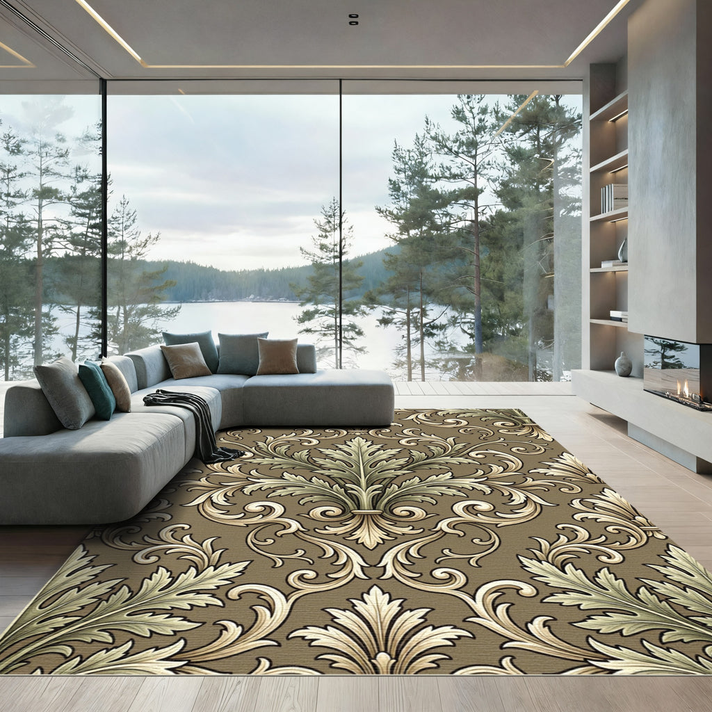 Antique Tan Rococo Acanthus Scroll Rug