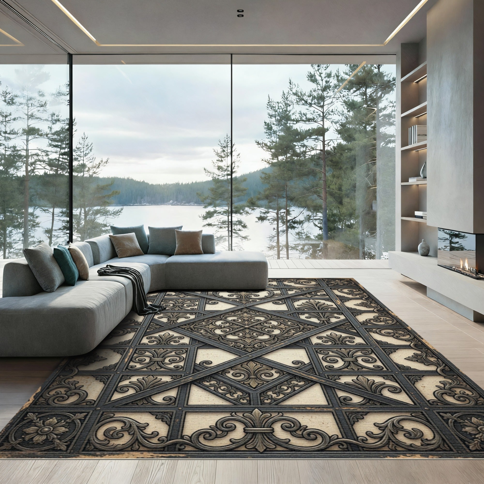 Ornate Gray Lattice Fleur-de-lis Rug