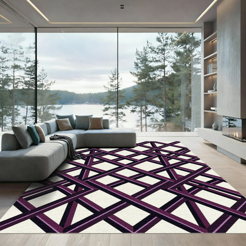 Geometric Purple Interlocking Lattice Illusion Rug