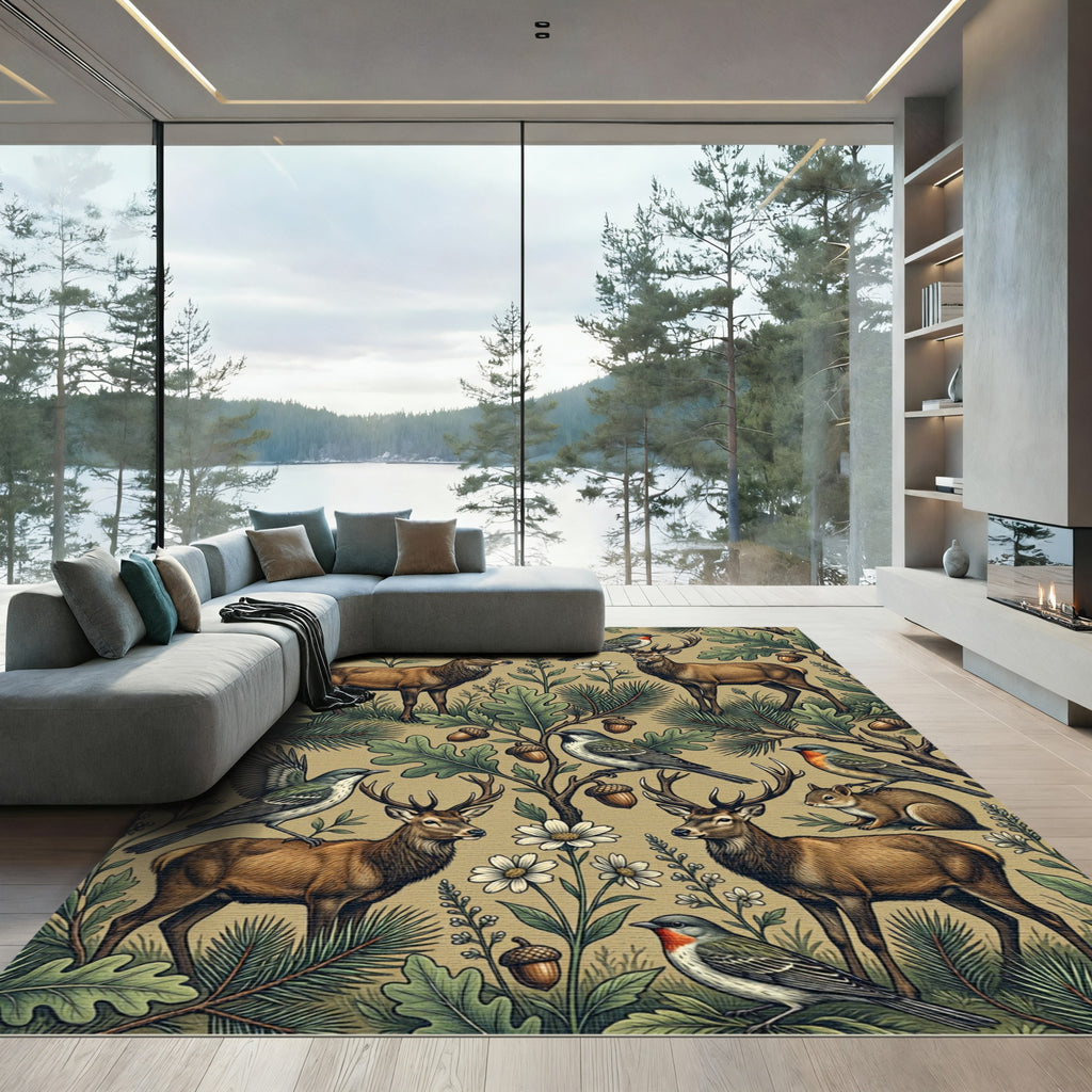 Vintage Woodland Deer and Forest Fauna Rug
