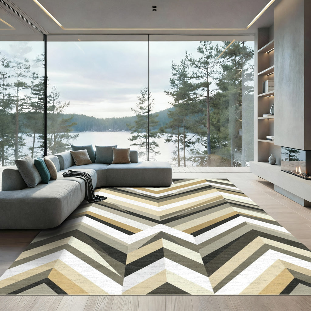 Neutral Chevron Geometric Layered Stripe Rug