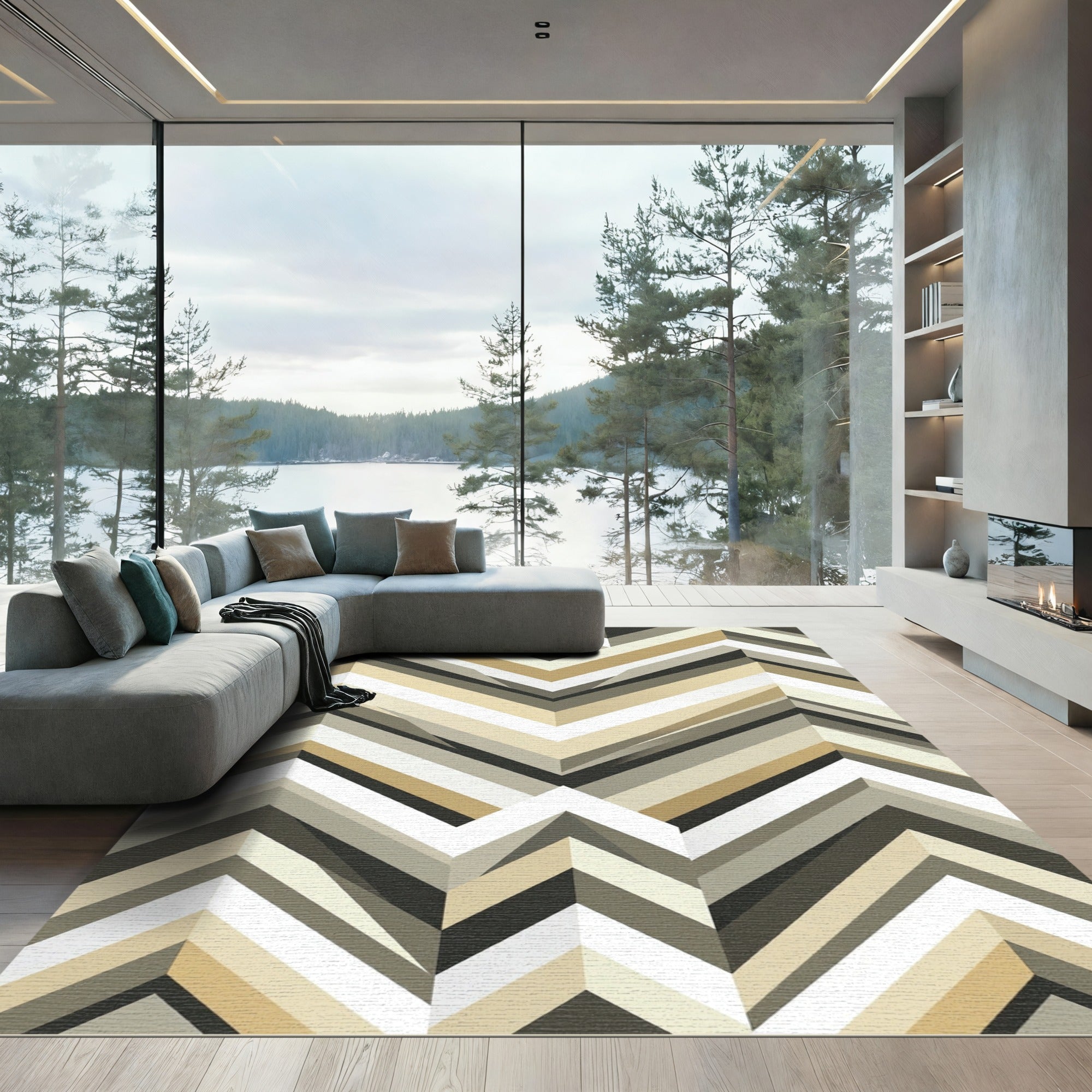 Neutral Chevron Geometric Layered Stripe Rug