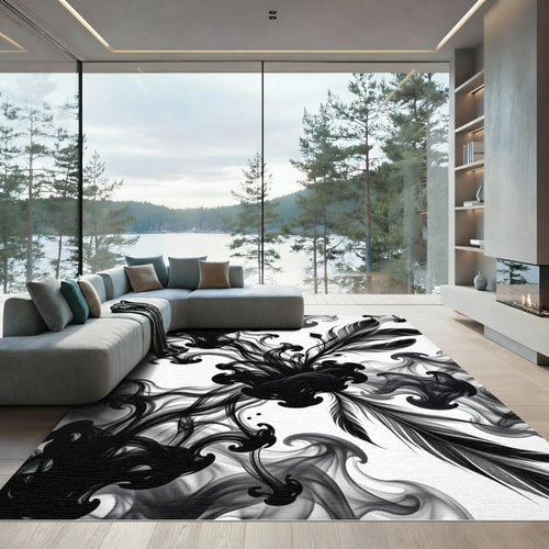 Black Ink Feather Swirl Abstraction Rug