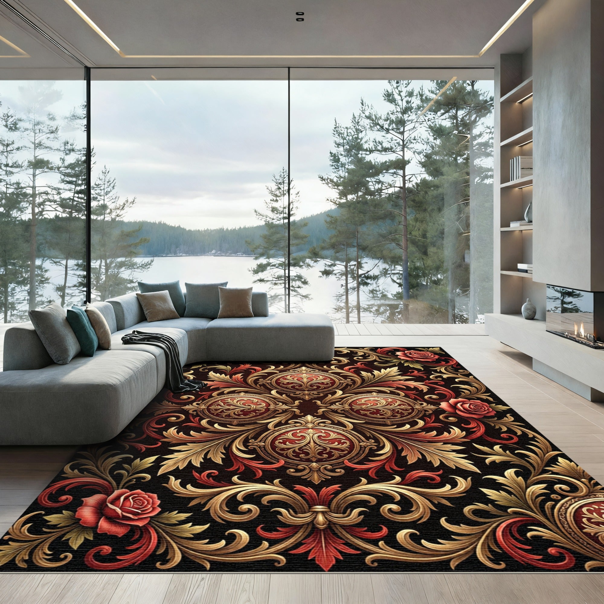 Ornate Gold Red Rose Scrollwork Rug