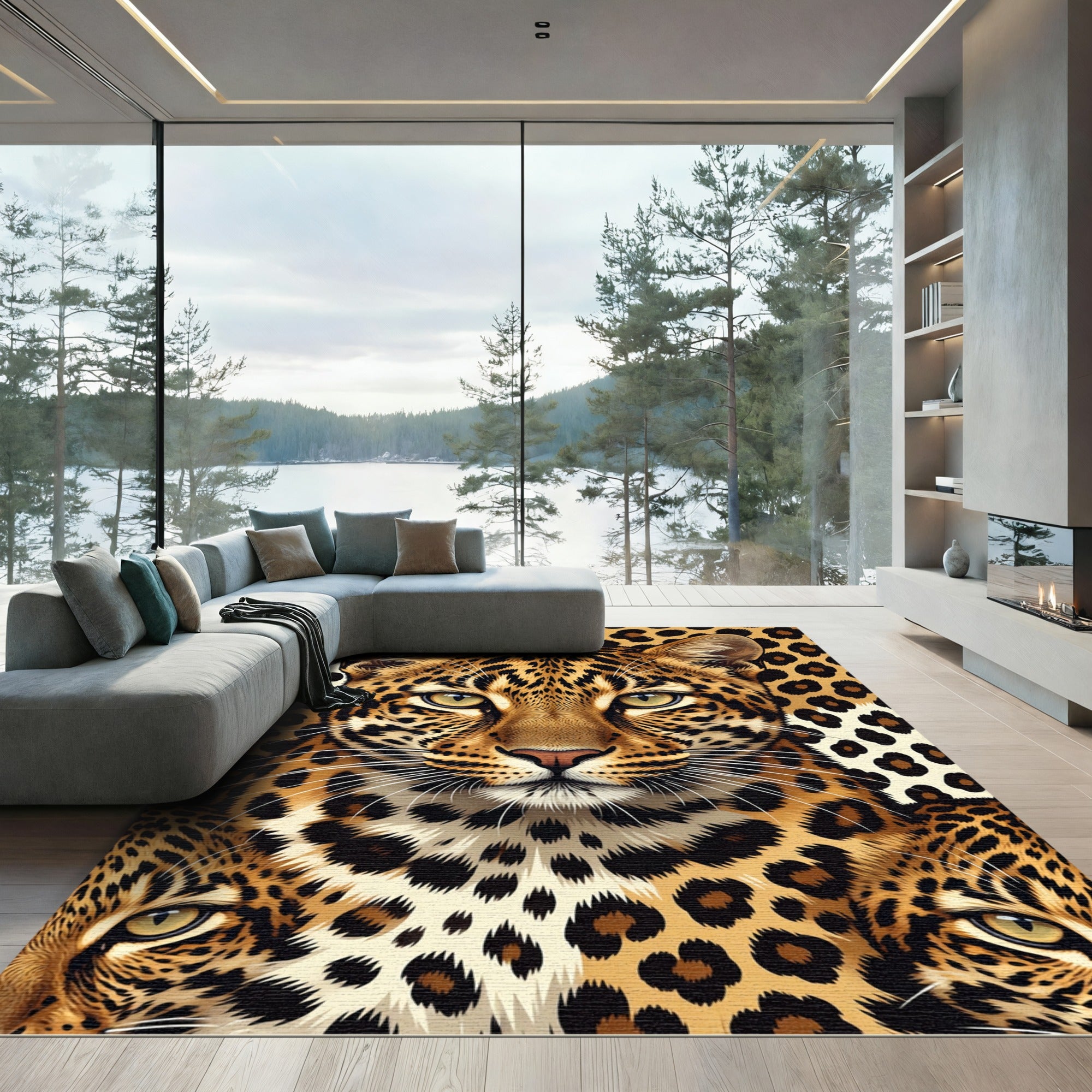 Majestic Leopard Portrait Golden Spotted Fur Rug