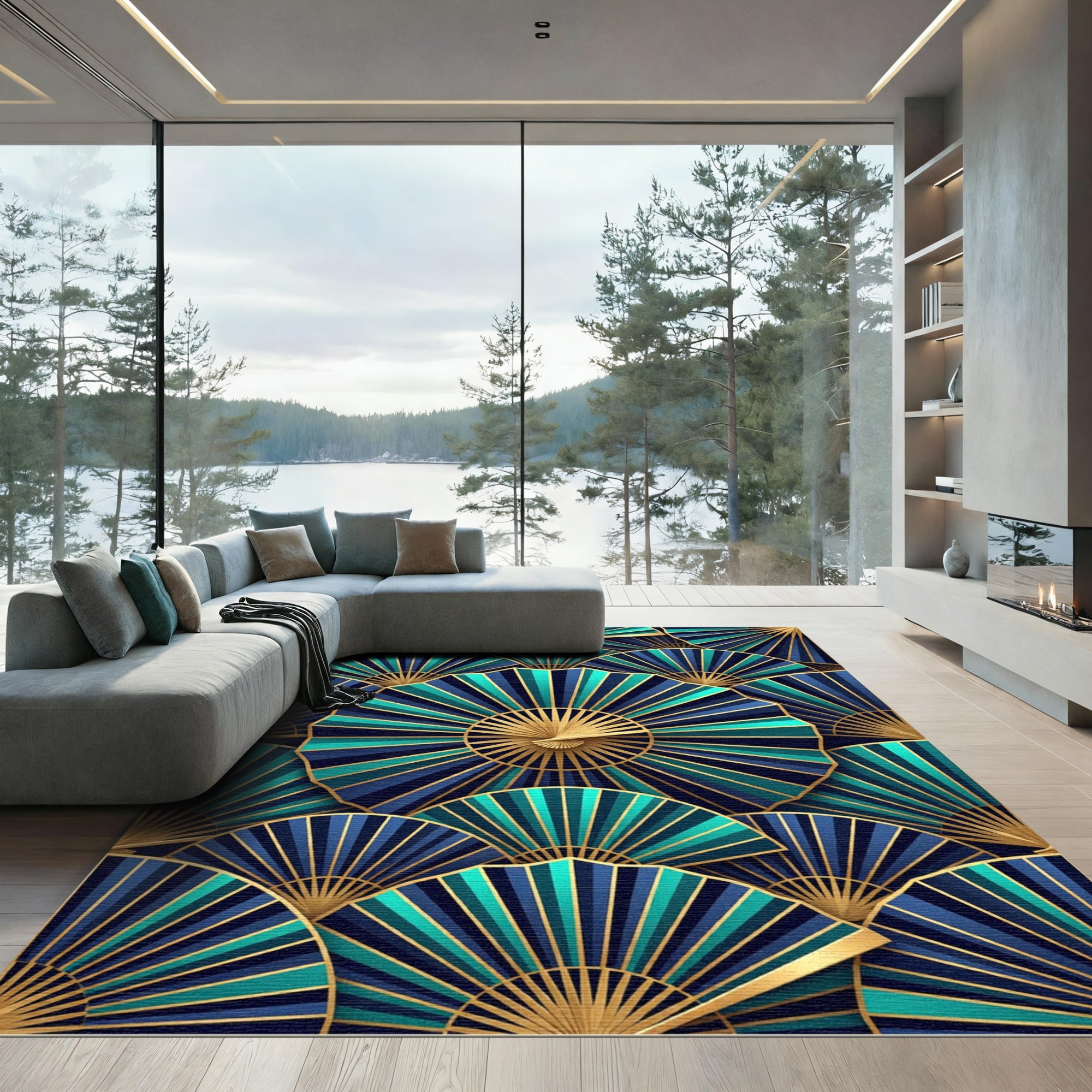 Art Deco Gold and Teal Fan Rug