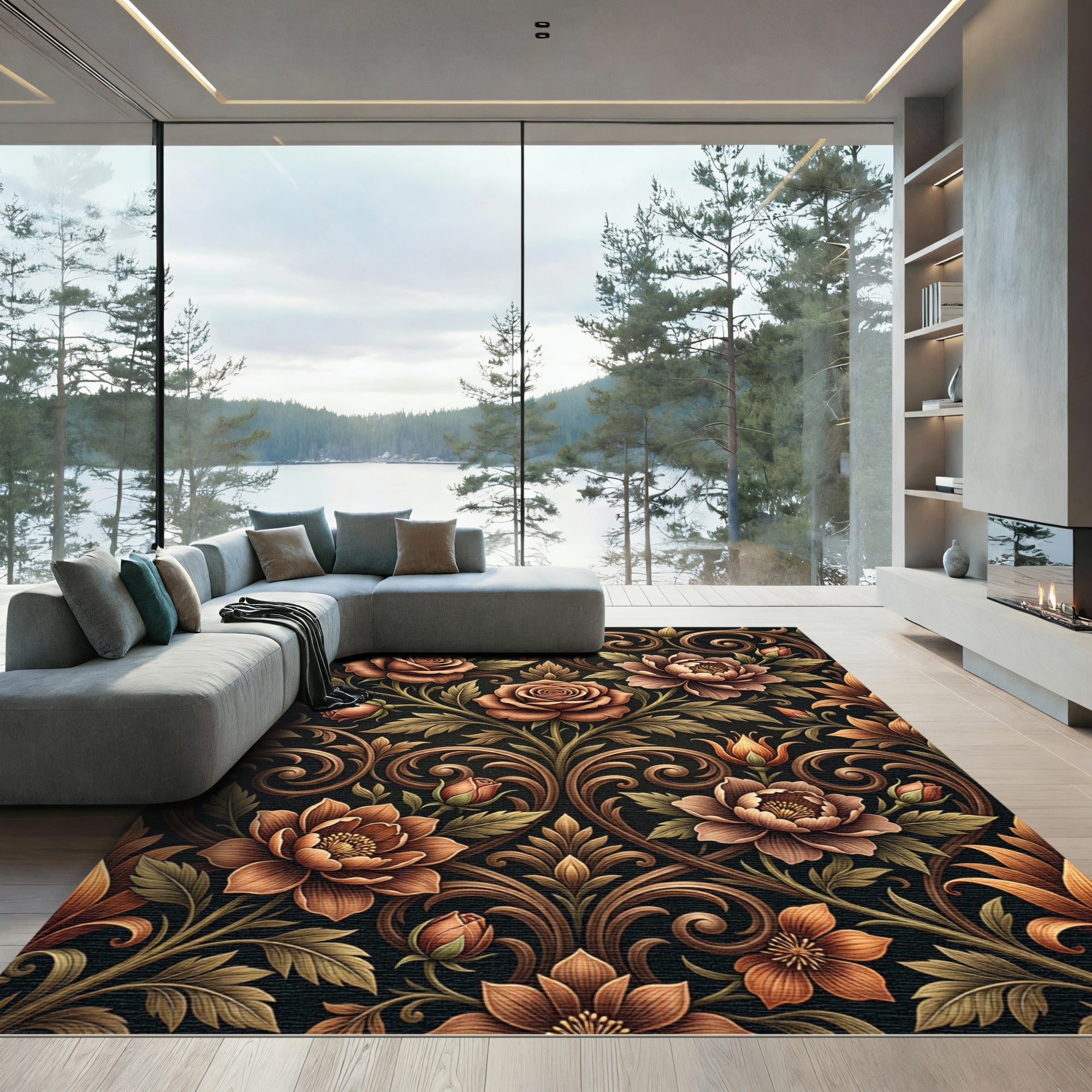 Rich Earth Tones Floral Scroll Rug