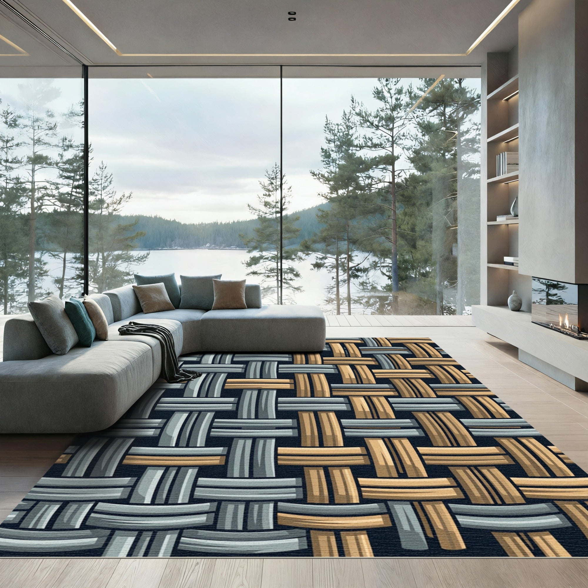 Woven Slate Blue and Tan Checkered Rug