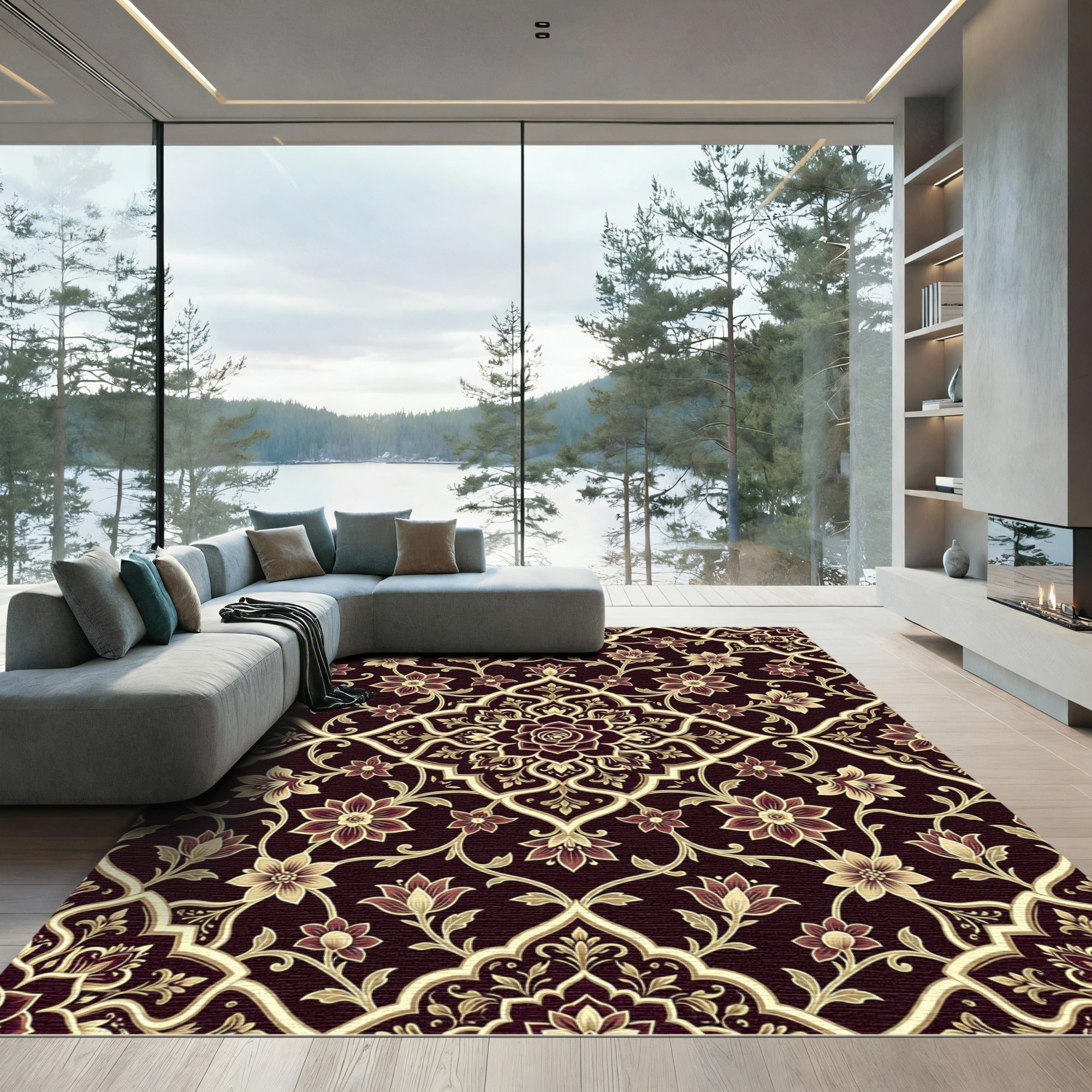Elegant Floral Damask Ebony Gold Scroll Rug
