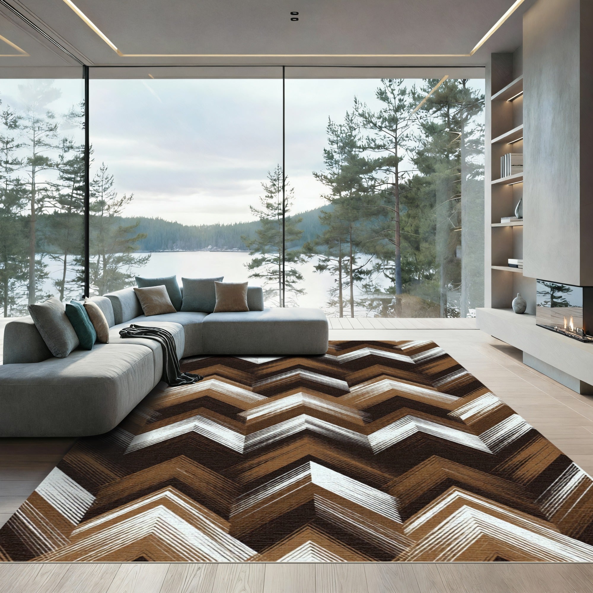 Brown White Chevron Ikat Rug