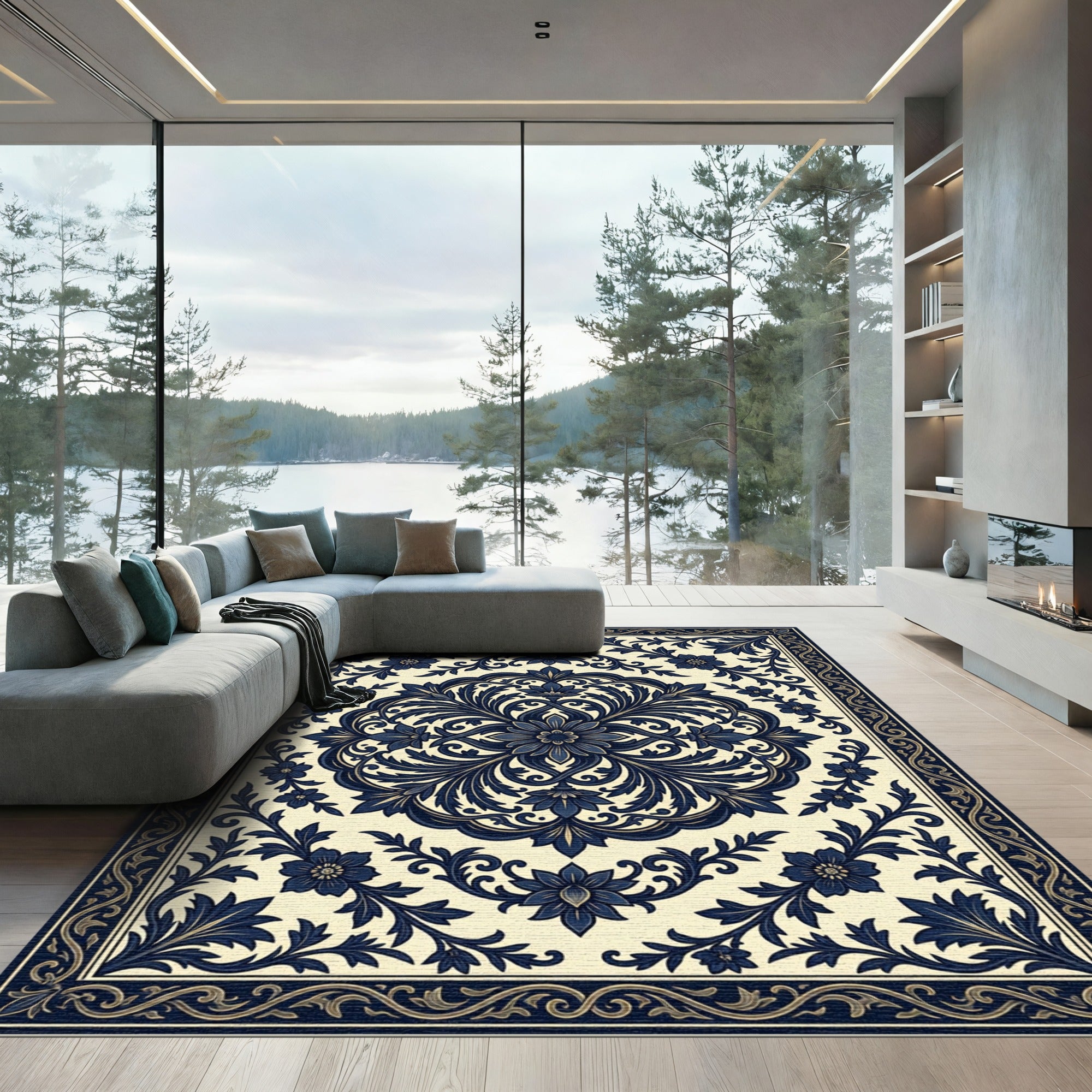 Elegant Midnight Blue Floral Damask Rug