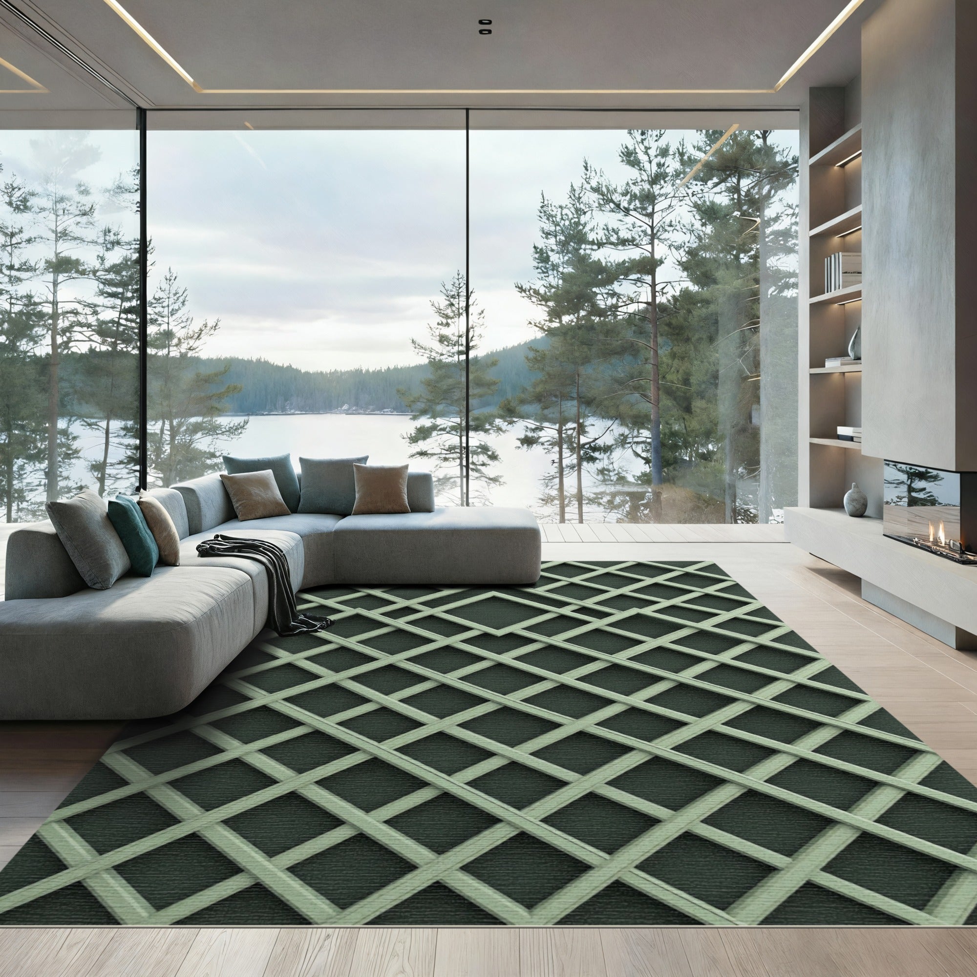 Sage Green Geometric Lattice Grid Rug