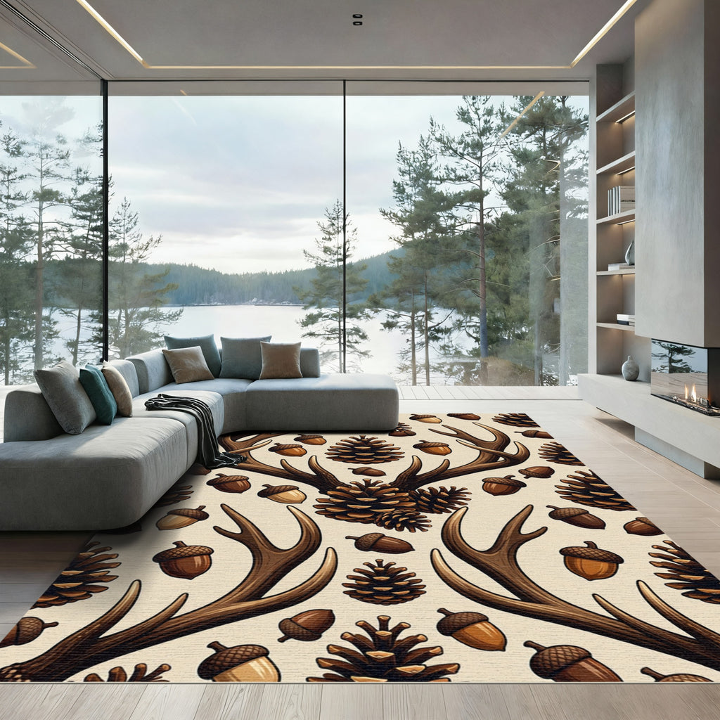 Rustic Antler Pinecone Earth Tone Forest Rug