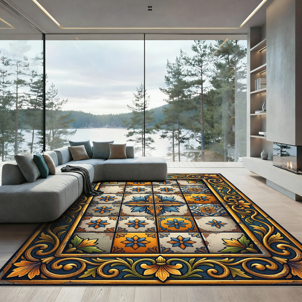 Golden Blue Floral Talavera Tile Rug