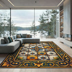 Golden Blue Floral Talavera Tile Rug